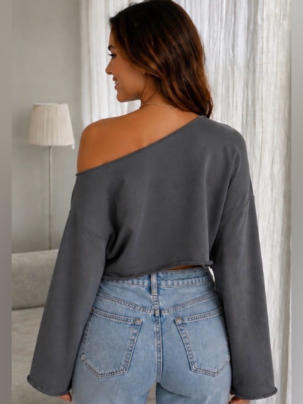 Zara Dark Gray Off-the-Shoulder Cropped Sweater - Picture 2 of 9